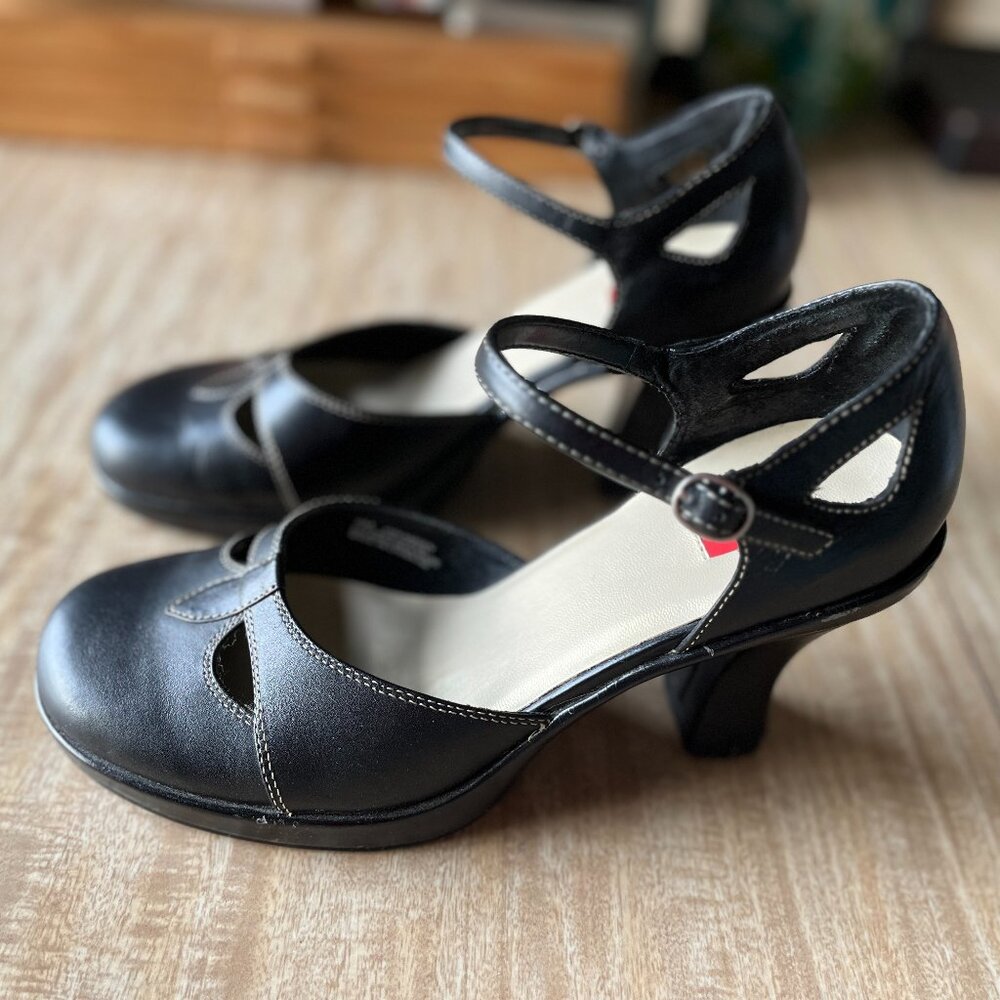 Esprit Chunky Ankle Strap Platform Heels Black with Cut Outs